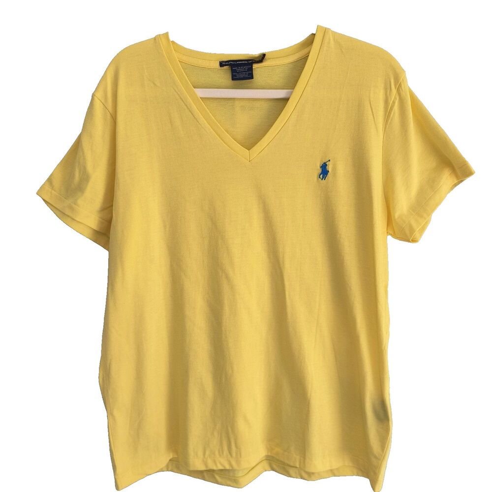 Ralph Lauren Sport Tee Top Womens XL Yellow Pullover T-Shirt Blue Pony Minimal